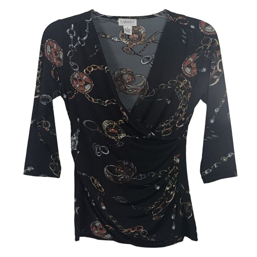 Carmen Marc Valvo Size M Faux Wrap Top Medallion Chain Print Black 3/4 Sleeve